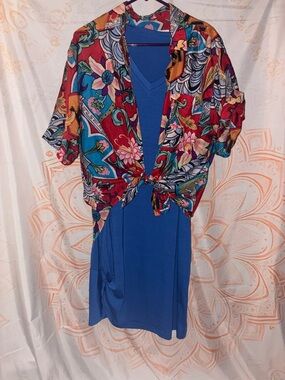 Blue Mini Dress with Vibrant Floral Tie-Front Overlay